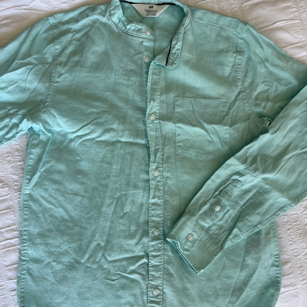 H&M Light Turquoise Linen Blend Band Collar Button Up Shirt ~ Easter Perfect